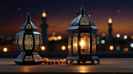 Obraz premium Mosque background muslim lamp and tasbih on table against night sky