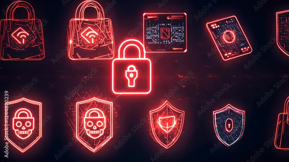 Poster glowing cybersecurity icons transitioning in digital space