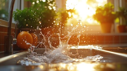 Sunset kitchen sink water splash