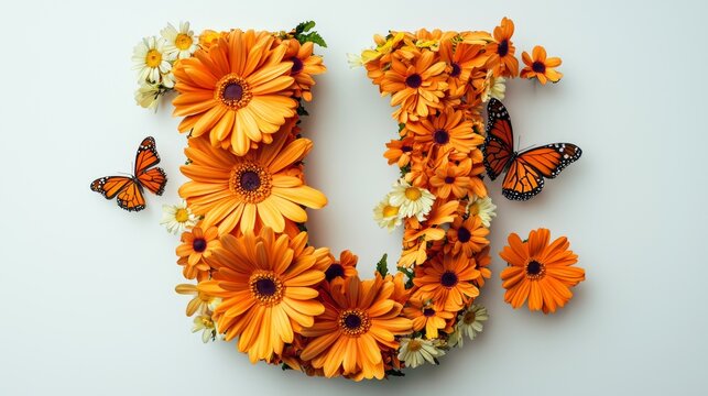 striking letter U crafted from bright orange flowers and adorned butterflies is placed on white background showcasing artistic blend of nature and design.