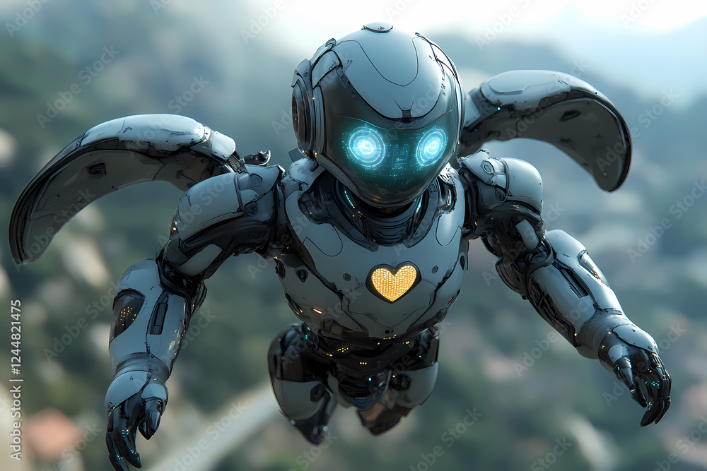 Poster Immerse in a sci-fi realm with a cutting-edge robot in armor. Ideal for futuristic toy concepts. Discover a dynamic robotic warrior in high-tech armor suit