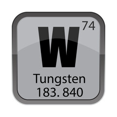 W tungsten element. Number 74 seventy four. Atomic mass 183.840. Gray periodic tile
