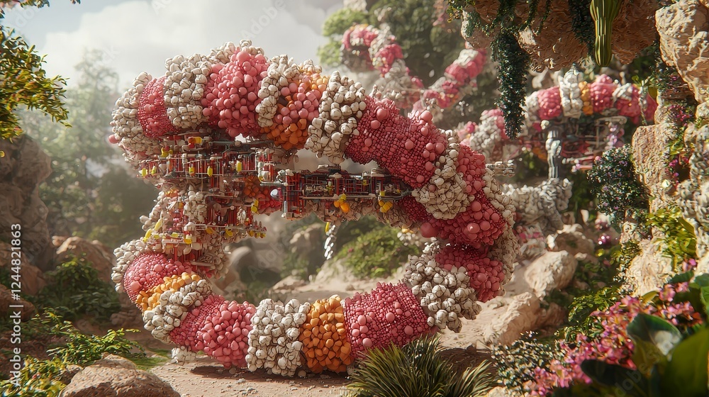 Poster dynamic visuals of bioengineering processes in a futuristic landscape