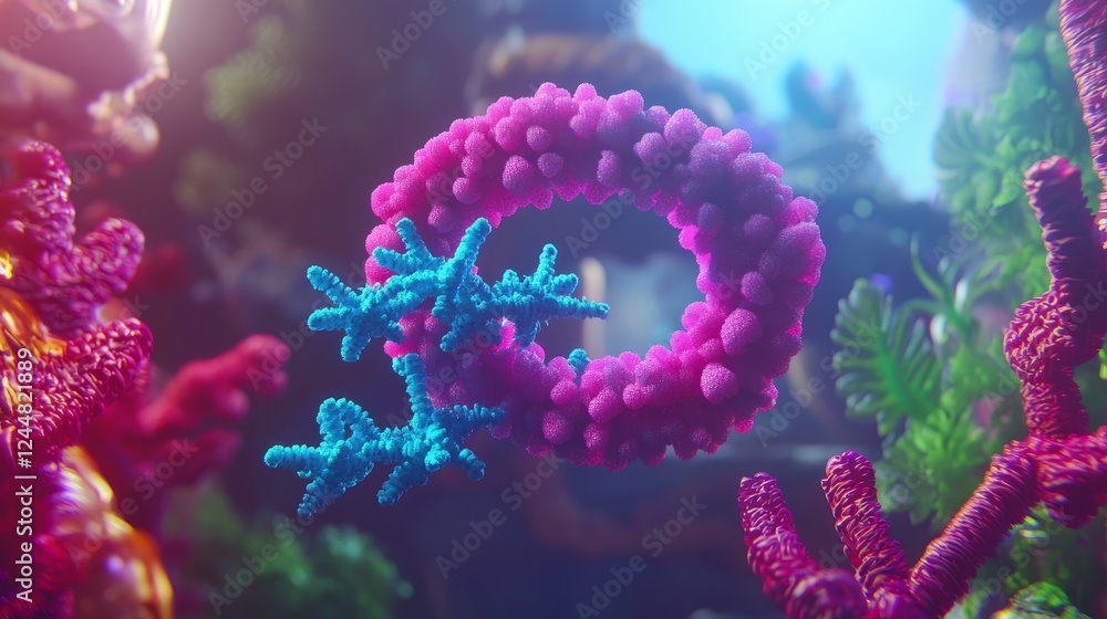Poster dynamic visuals of bioengineering processes in colorful underwater environment