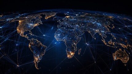 Global communication network concept with interconnected business nodes and human resources collaboration across worldwide platforms.