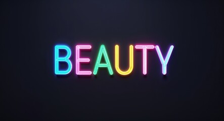 beauty word lettering colorful neon glowing text on plain black dark background
