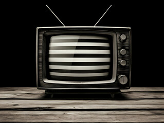 Obraz premium Vintage Television Displays Test Pattern on Screen, Sitting on Wooden Table in Dark Room