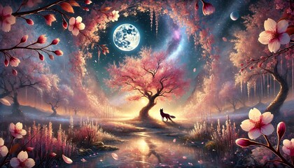 Obraz premium A Serene and Enchanting Night of Cherry Blossoms Under a Moonlit Spring Sky