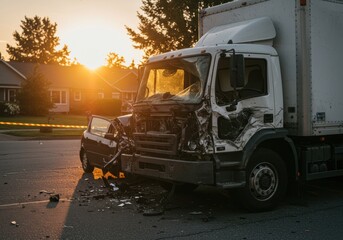 Emergency response to residential truck and car accident at sunrise