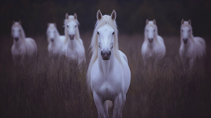 Fototapeta premium Majestic white horses in field, evening light