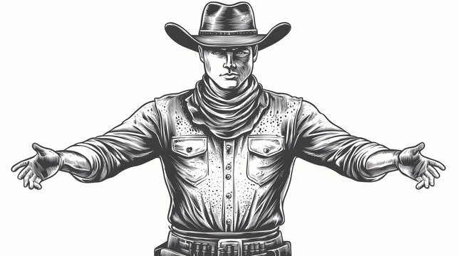 Vintage Cowboy Illustration Extends Open Arms in a Welcoming Gesture