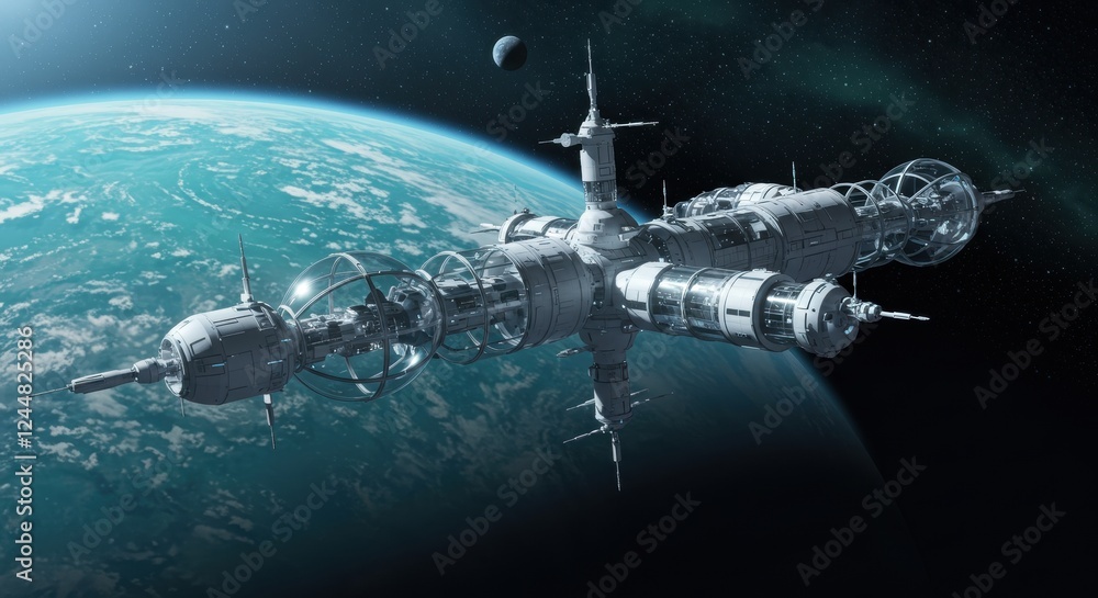 Poster futuristic space station orbiting earth with distant moon in outer space