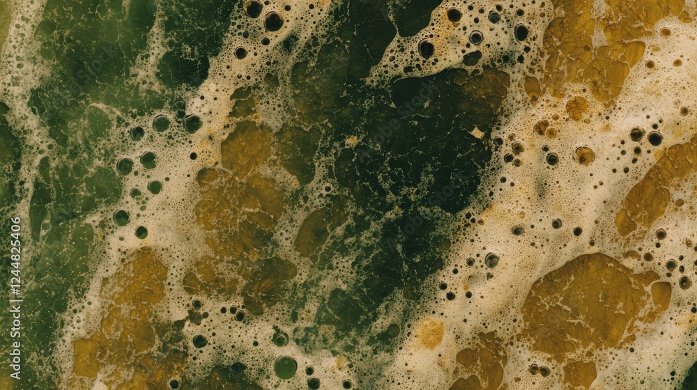 Poster abstract fluid visuals depicting enzyme functions in green and gold tones