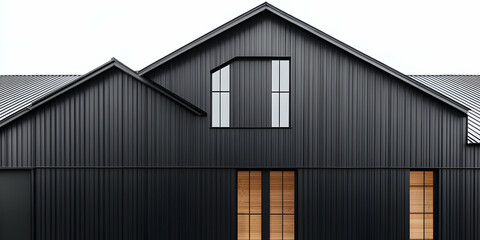 Fototapeta premium Modern Black Metal House Exterior with Geometric Windows and Wooden Accents Under White Sky