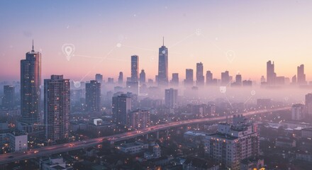 Obraz premium Smart city skyline at dawn with technology icons and misty horizon