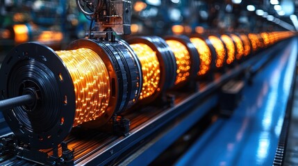 Obraz premium Industrial production line with glowing wires being processed on a conveyor belt.