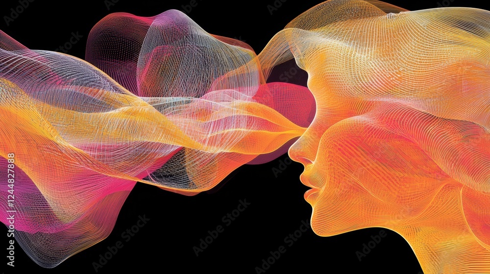 Poster futuristic bioinformatics graphics with blending waves and silhouetted profile