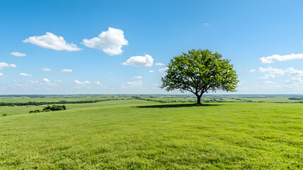 Obraz premium Lone tree on grassy hill, sunny day, vast landscape, peaceful scenery; nature background