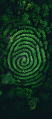 Aerial view of a lush green forest shaped into a fingerprint pattern, symbolizing nature conservation and environmental sustainability.
