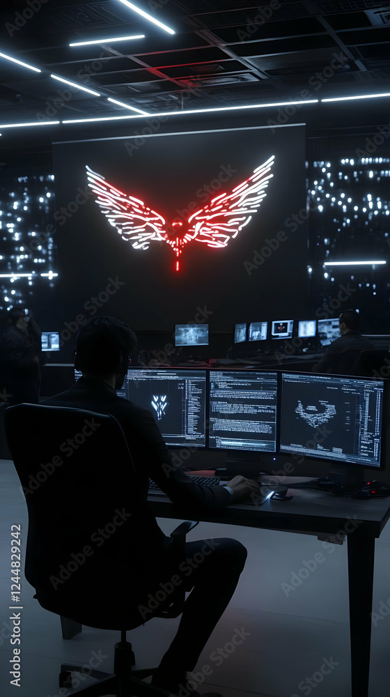 Poster man works on computer in dark control room with wing symbol skillfully, efficiently, and effectively