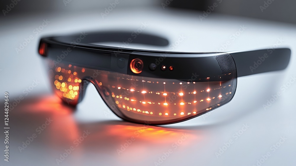 Poster futuristic smart glasses with illuminated display resting on a table in a modern workspace