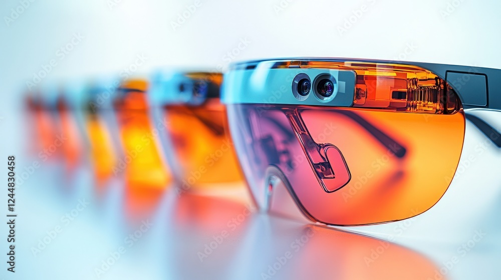 Poster a close-up view of futuristic smart glasses in various colors lined up against a soft backdrop
