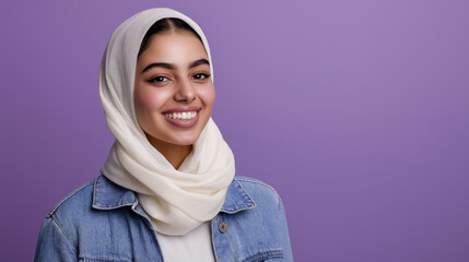 Cheerful young woman in a white hijab and denim jacket smiling brightly against a vibrant purple background.