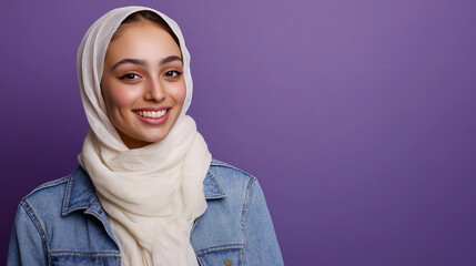 Cheerful young woman in a white hijab and denim jacket smiling brightly against a vibrant purple background.