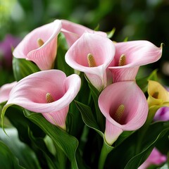 A bouquet of pink calla lilies surrounded by lush green leaves.