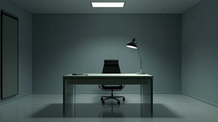 Photorealistic image of a minimalist office with a single desk lamp, black chair, and empty white walls for a clean look
