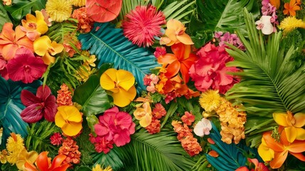 Fototapeta premium Vibrant Floral Arrangement with Colorful Geometric Patterns and Natural Elements