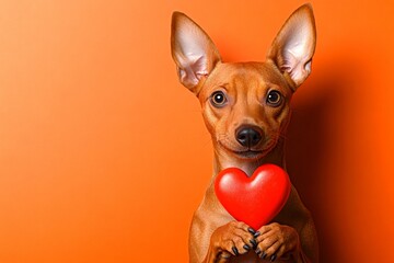 Cute pharaoh hound pooch with animal toy red heart - emblem of love, funny greeting card. Marketing creative. Pharaoh hound - my desired dog. Puppy love valentine. Cute animal love.
