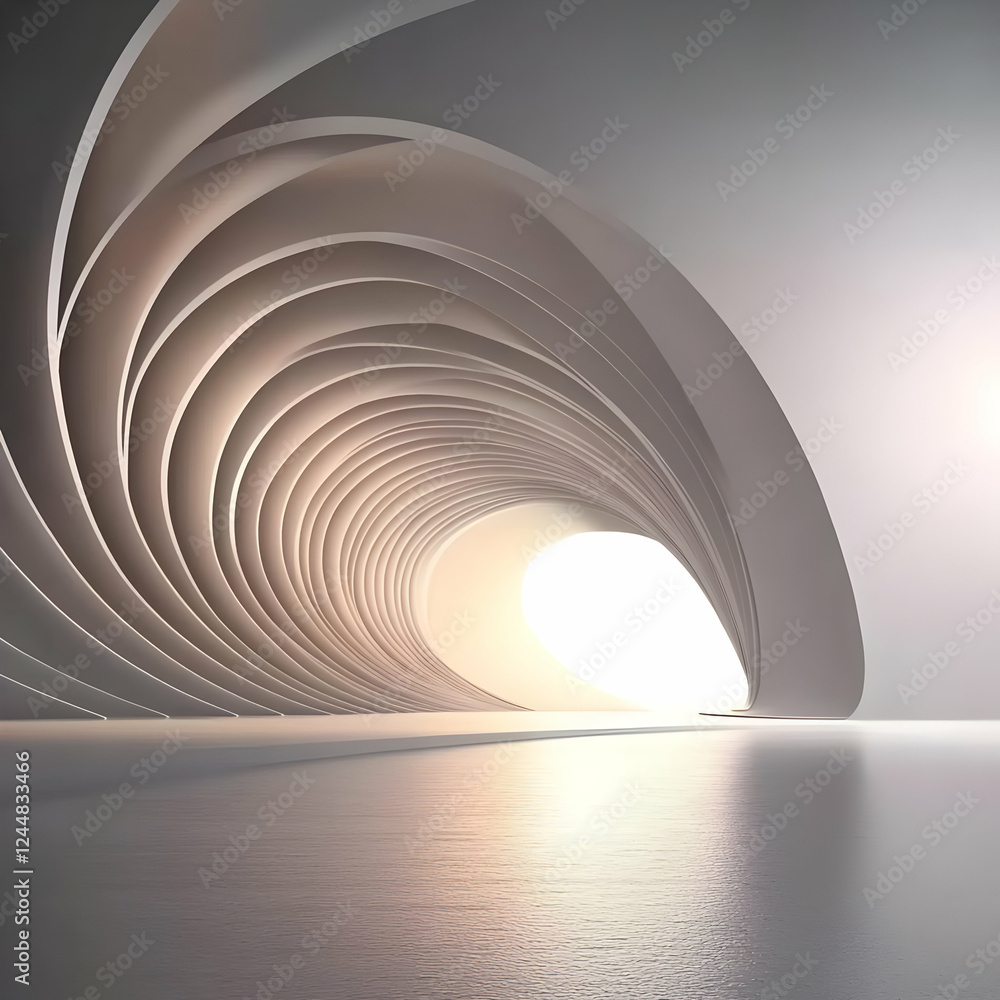 Poster abstract 3d architectural visualization depicts a swirling tunnel leading to a bright light source
