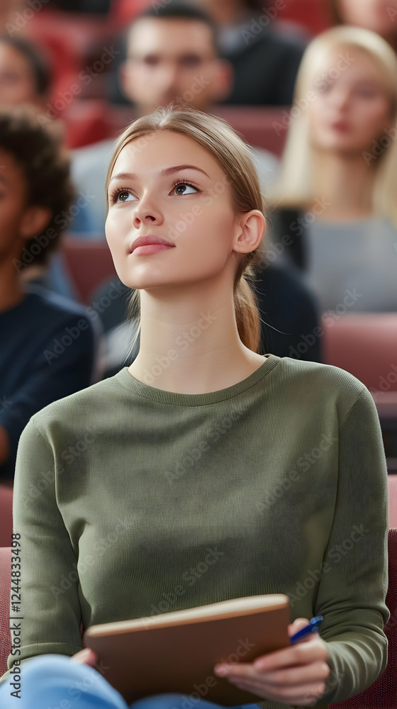 Aufkleber focused student listens attentively and takes notes during a lecture in university classroom