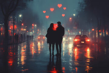 Romantic urban night: Couple sharing a tender kiss in the rain, reflecting their passion and intimacy. Ideal for Valentine's Day designs