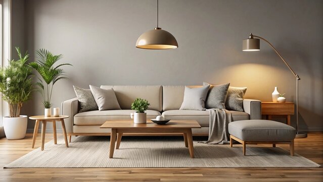 The rander of living room interior in warm tones with sofa which cozy, 3D rendering with minimal style concept.	