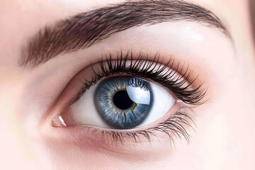 Obraz premium Close-up of a Blue Eye with Long Dark Eyelashes and a Perfectly Shaped Eyebrow
