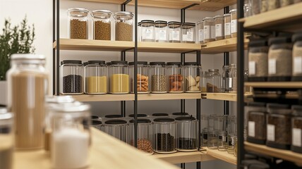 Photorealistic image of a minimalist kitchen pantry with clear containers, neatly arranged spices, and labeled jars
