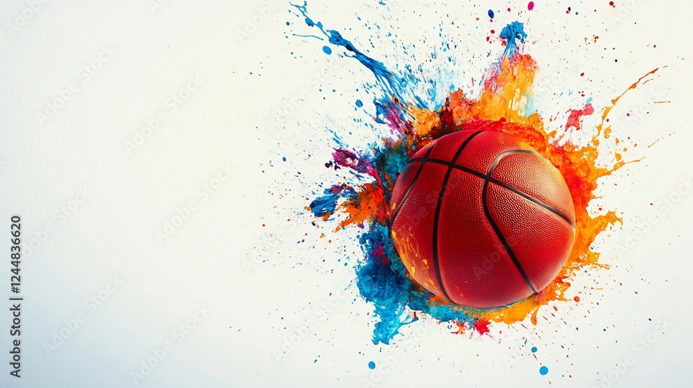 Poster basketball with vibrant paint splatters creating a dynamic and colorful abstract design