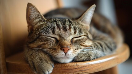 Obraz premium Cute Sleeping Tabby Cat Relaxing on Wooden Chair at Home