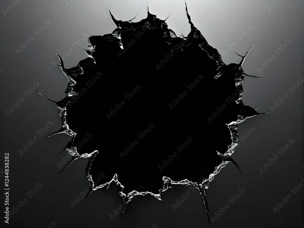 Poster Shattered Glass Creates a Jagged Circular Hole with a Black Void Perfectly Centered in a Subtle Gradient Background