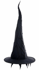 Fototapeta premium A Black Pointed Witch Hat with Cracks Stands Tall on a White Background.