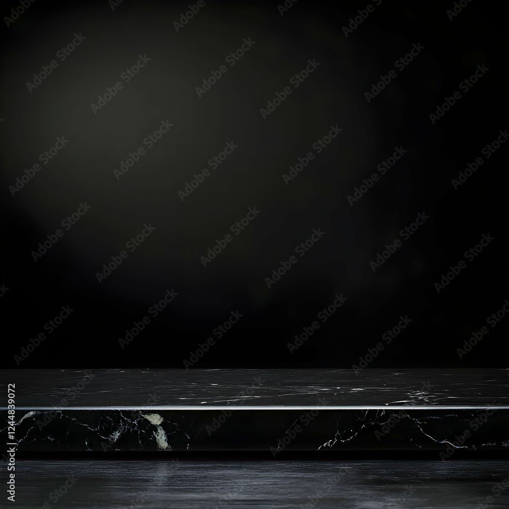 Poster black marble table top on dark background for product display with subtle lighting