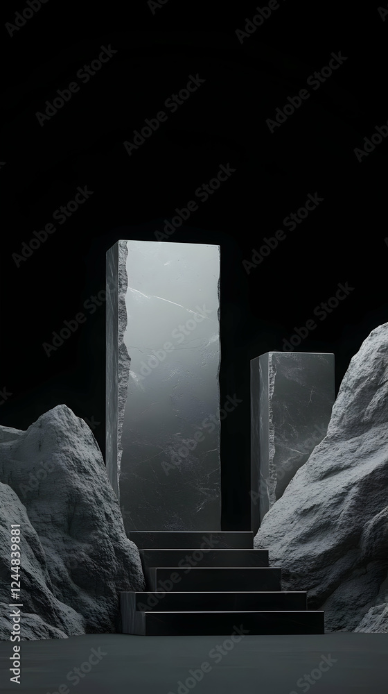 Poster 3d render of abstract black podium with rock formation background for product display