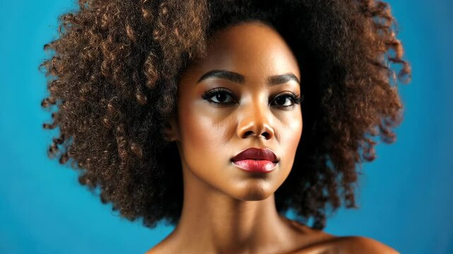 Elegant transformation: portrait of a woman with natural hair on blue background