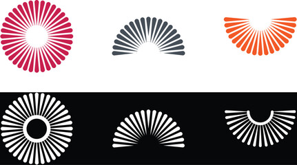 Abstract stylized geometric sun logos featuring radiating lines arranged in circular and semicircular forms.