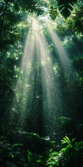 Naklejka premium Sunbeams Raining Through Lush Rainforest Canopy