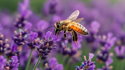 Fototapeta premium Honeybee Pollinating Lavender Flowers in a Vibrant Garden Setting