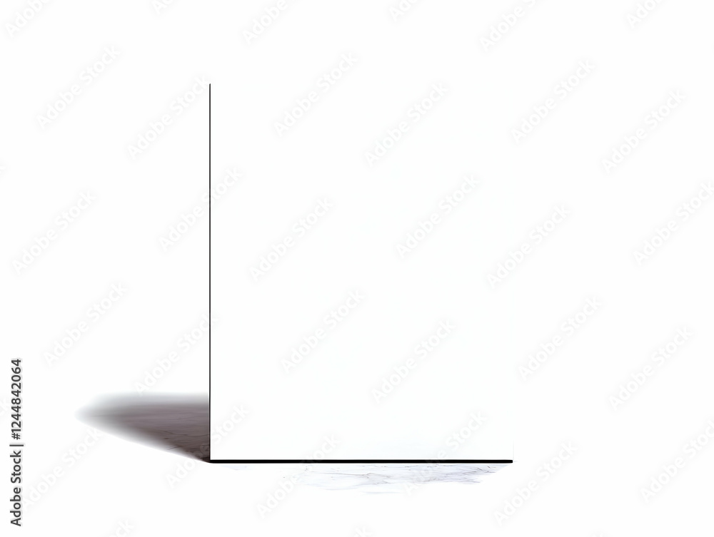Poster blank white canvas stands on marble floor with shadow in minimalist setting