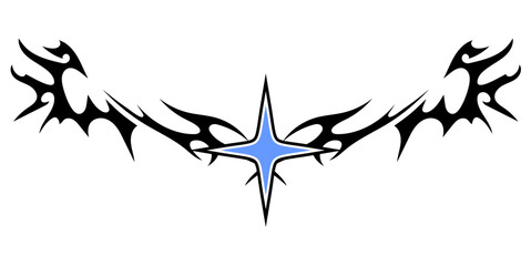 Star Shape with Neo tribal y2k gothic style tattoo Cyber sigilism spikes and sparks for streetwear print designs, spiky y2k aesthetic vector set